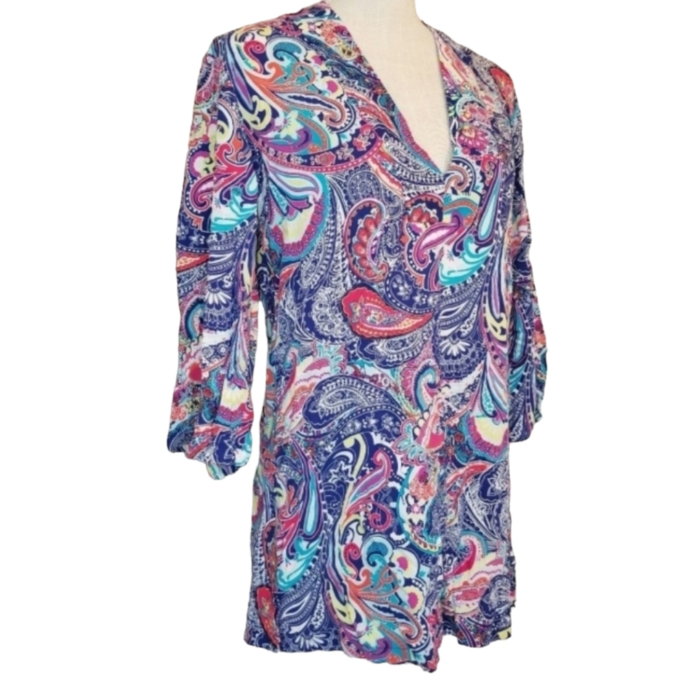 Liz Claiborne | Womens Medium Paisley 3/4 Bell Sleeve V-Neck Shirt Cover Up Top
